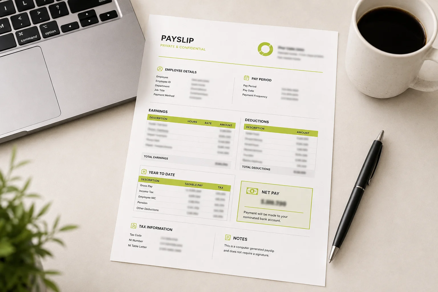 New employee reviewing a UK payslip to understand tax and deductions